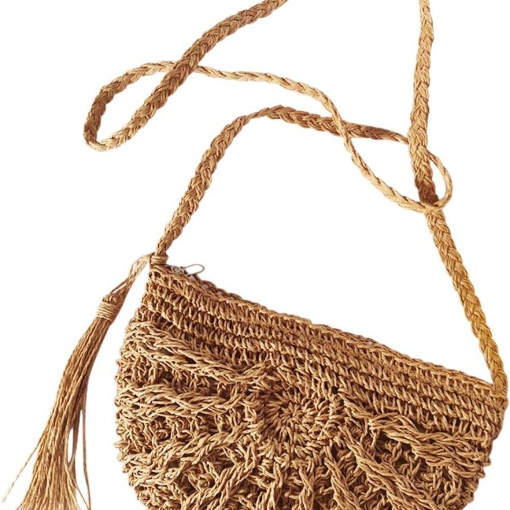 Women Straw Crossbody Purse Beach Handmade Woven Shoulder Bag with Tassels